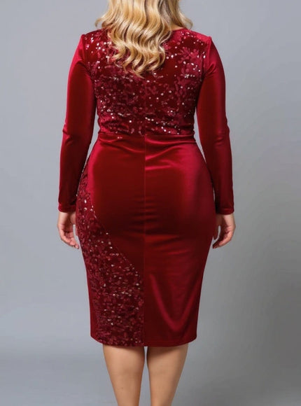 KISSICON Plus Size Burgundy Velvet Sequin Bodycon Midi Dress