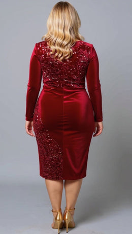 KISSICON Plus Size Burgundy Velvet Sequin Bodycon Midi Dress