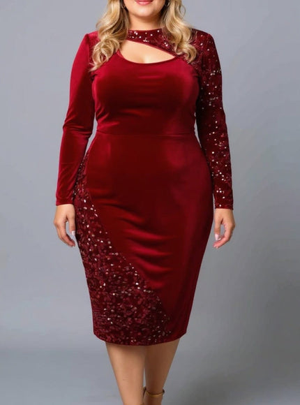 KISSICON Plus Size Burgundy Velvet Sequin Bodycon Midi Dress