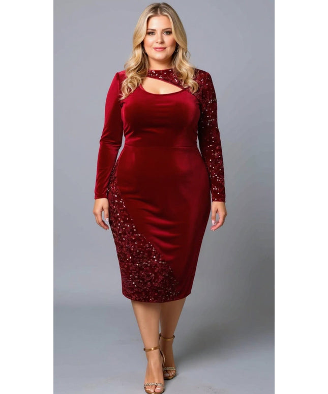 KISSICON Plus Size Burgundy Velvet Sequin Bodycon Midi Dress