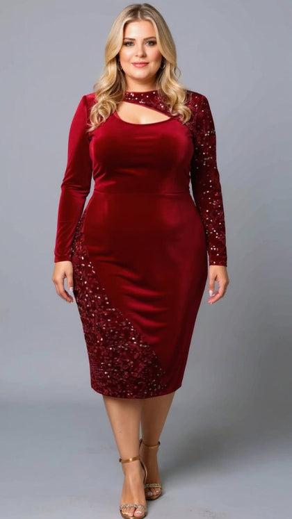 KISSICON Plus Size Burgundy Velvet Sequin Bodycon Midi Dress