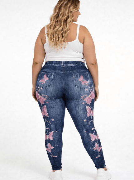 KissICON Leggings Plus Size Butterfly Denim Look Leggings – High Waist Stretch Fit