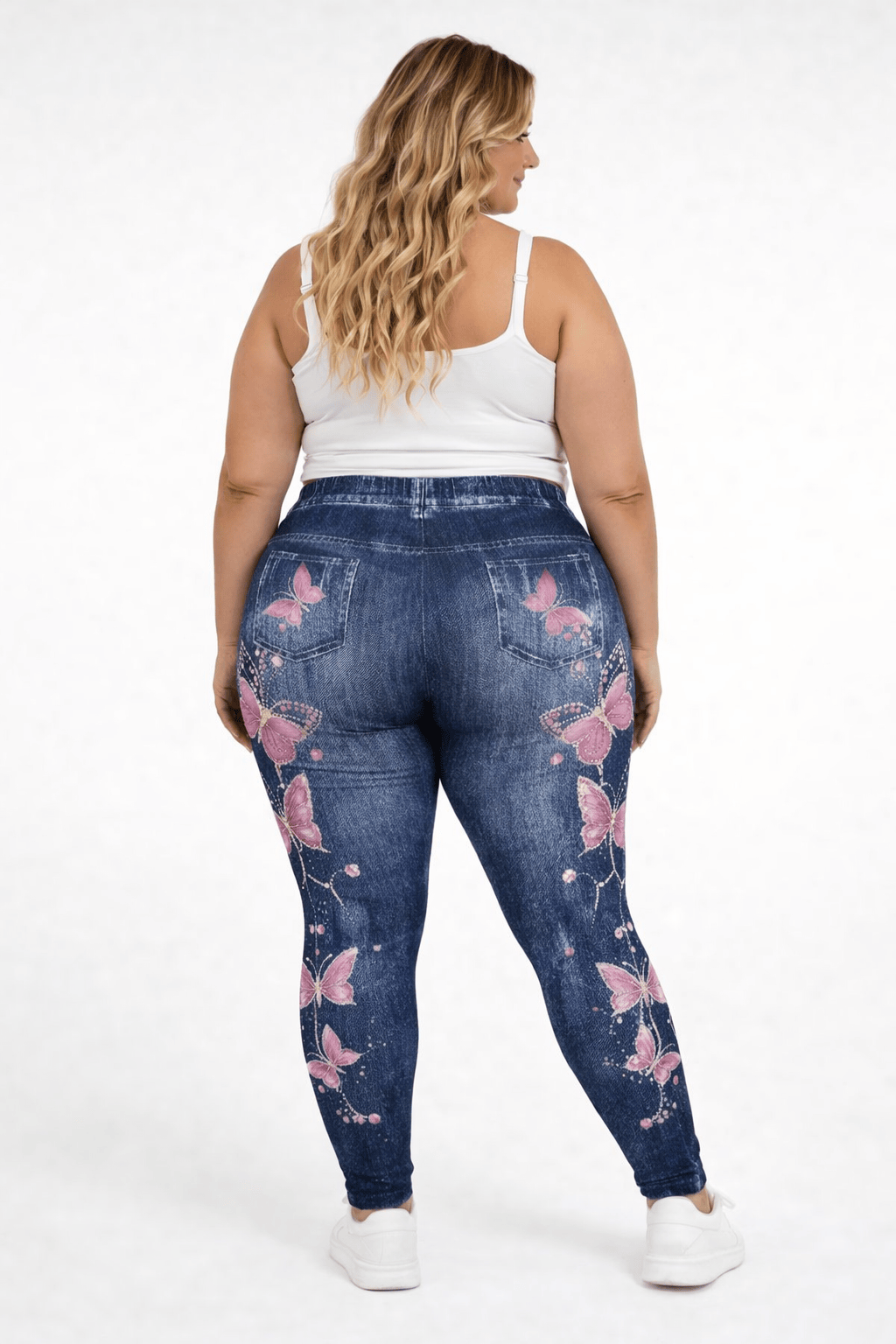 KissICON Leggings Plus Size Butterfly Denim Look Leggings – High Waist Stretch Fit