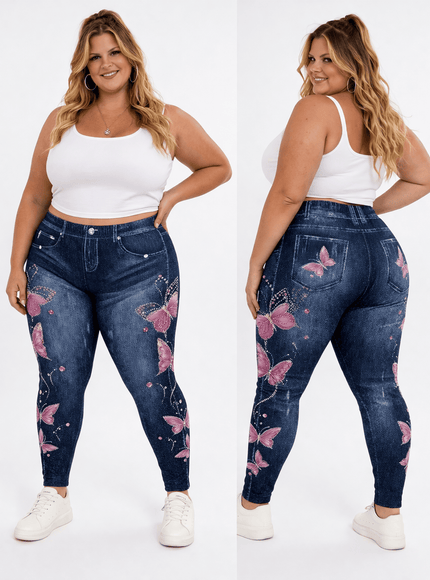 KissICON Leggings Plus Size Butterfly Denim Look Leggings – High Waist Stretch Fit
