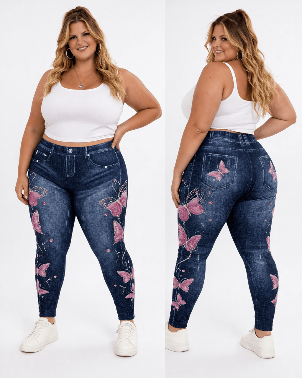 KissICON Leggings Plus Size Butterfly Denim Look Leggings – High Waist Stretch Fit