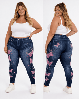 KissICON Leggings Plus Size Butterfly Denim Look Leggings – High Waist Stretch Fit