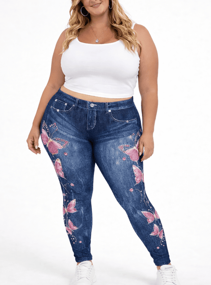 KissICON Leggings Plus Size Butterfly Denim Look Leggings – High Waist Stretch Fit