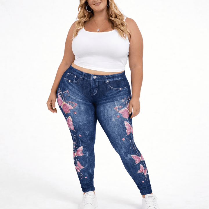 Plus Size Butterfly Denim Look Leggings – High Waist Stretch Fit
