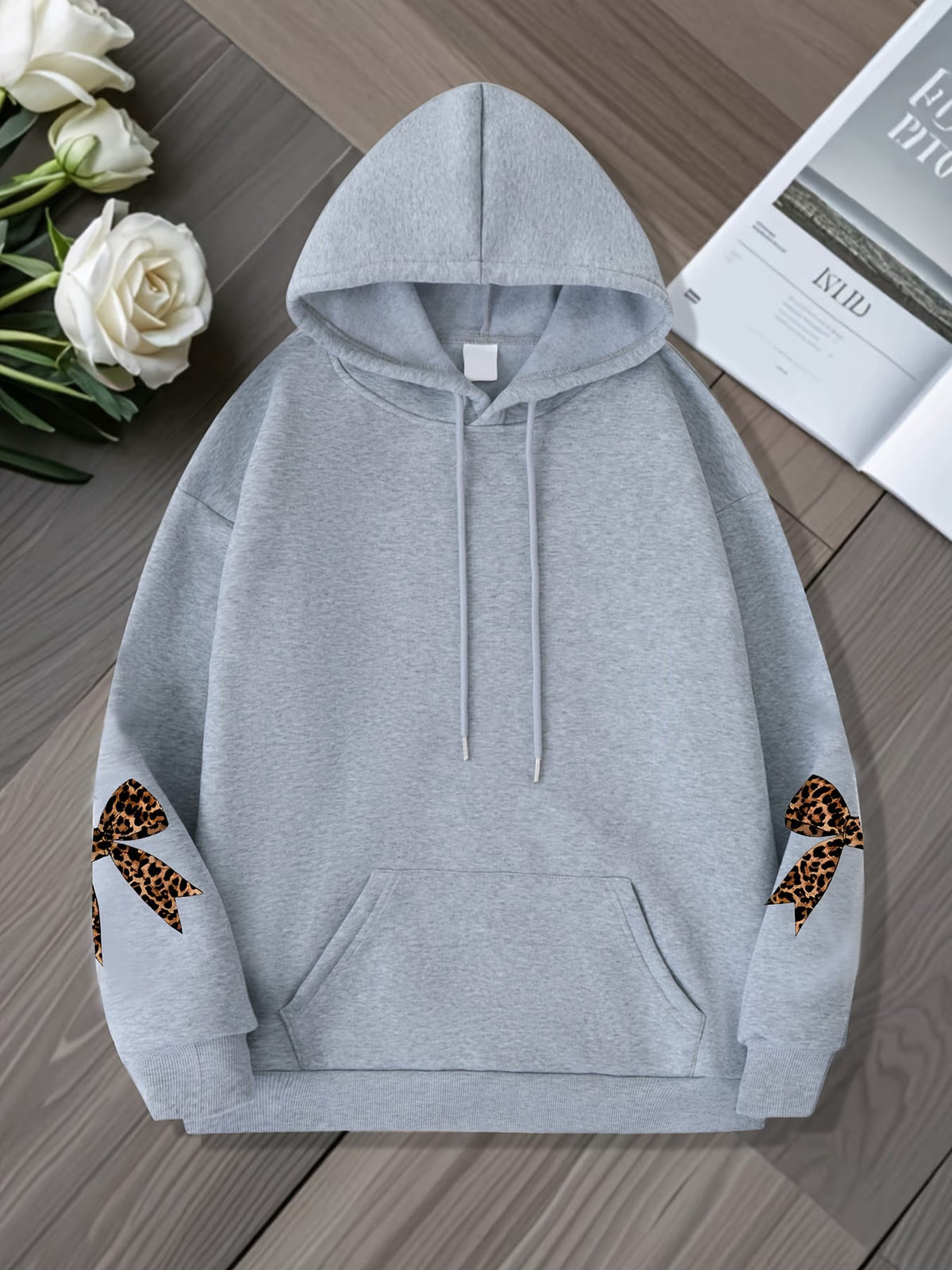 jkthpu-45 Plus Size Butterfly Print Oversized Hooded Pullover Sweatshirt – Black & Grey