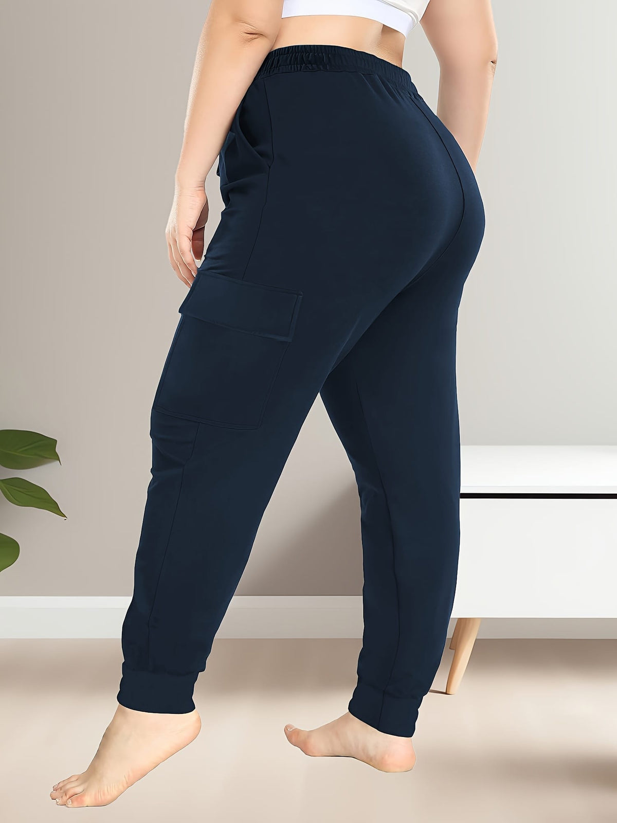 jkthpu-45 [Plus Size Cargo Pants] Stretchy Plus Size High-Waist