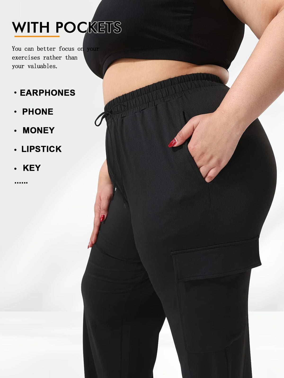 jkthpu-45 [Plus Size Cargo Pants] Stretchy Plus Size High-Waist