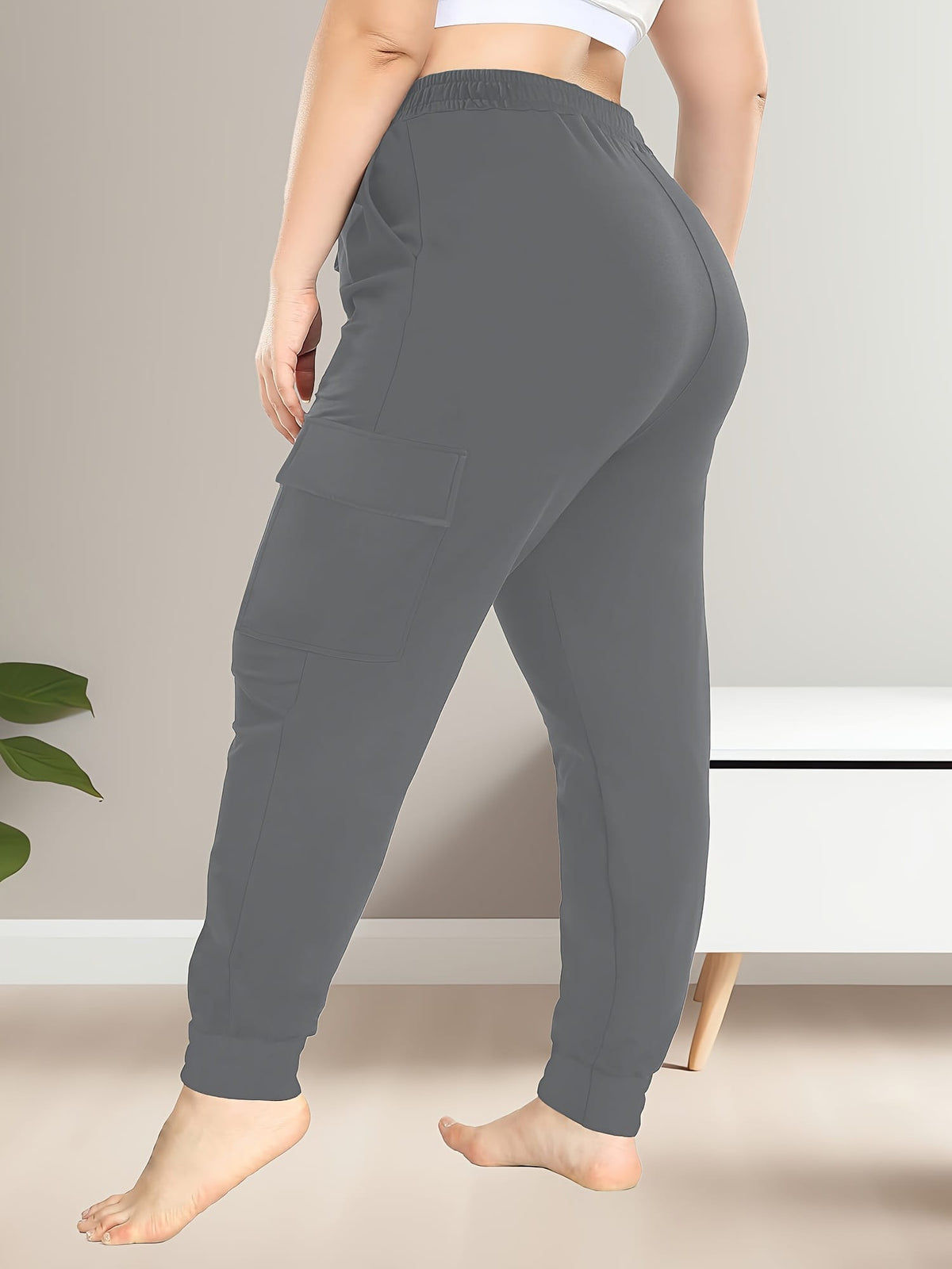 jkthpu-45 [Plus Size Cargo Pants] Stretchy Plus Size High-Waist