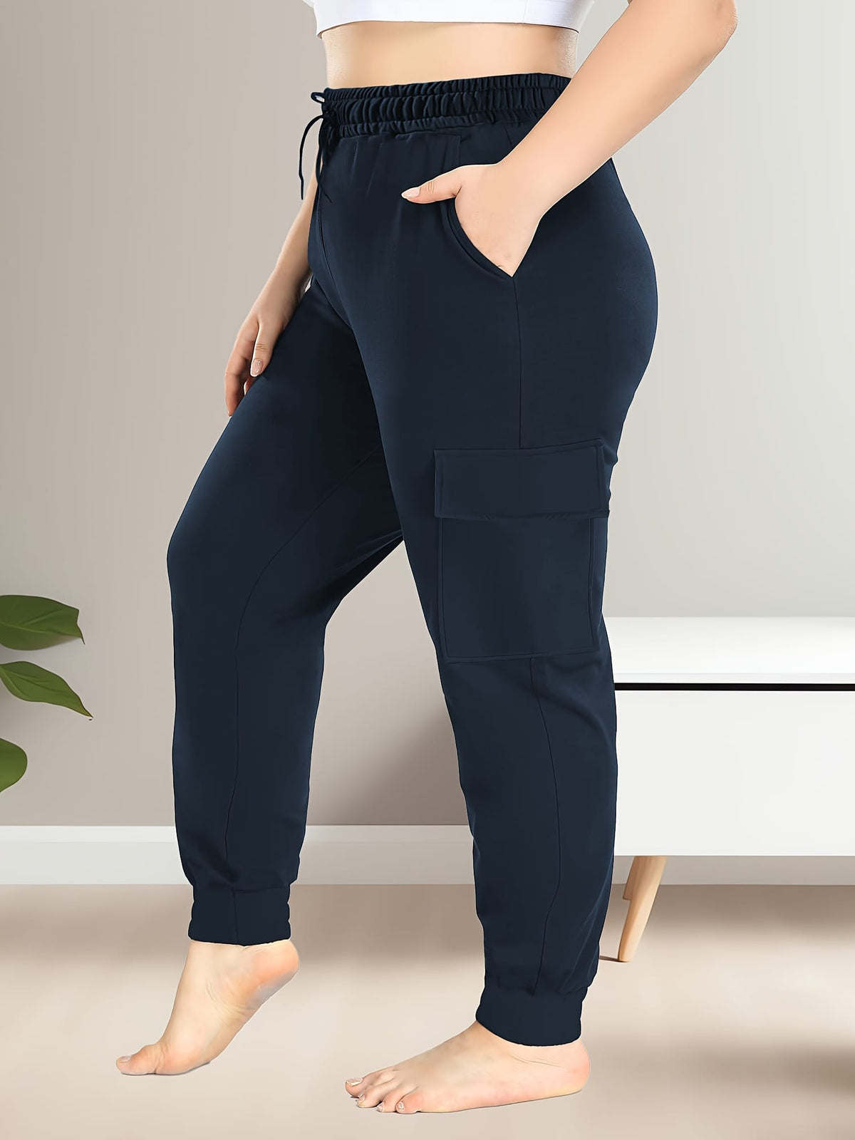 jkthpu-45 [Plus Size Cargo Pants] Stretchy Plus Size High-Waist