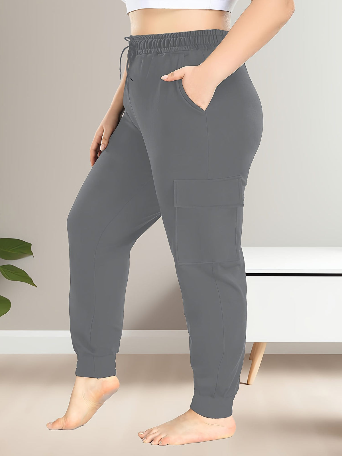 jkthpu-45 [Plus Size Cargo Pants] Stretchy Plus Size High-Waist