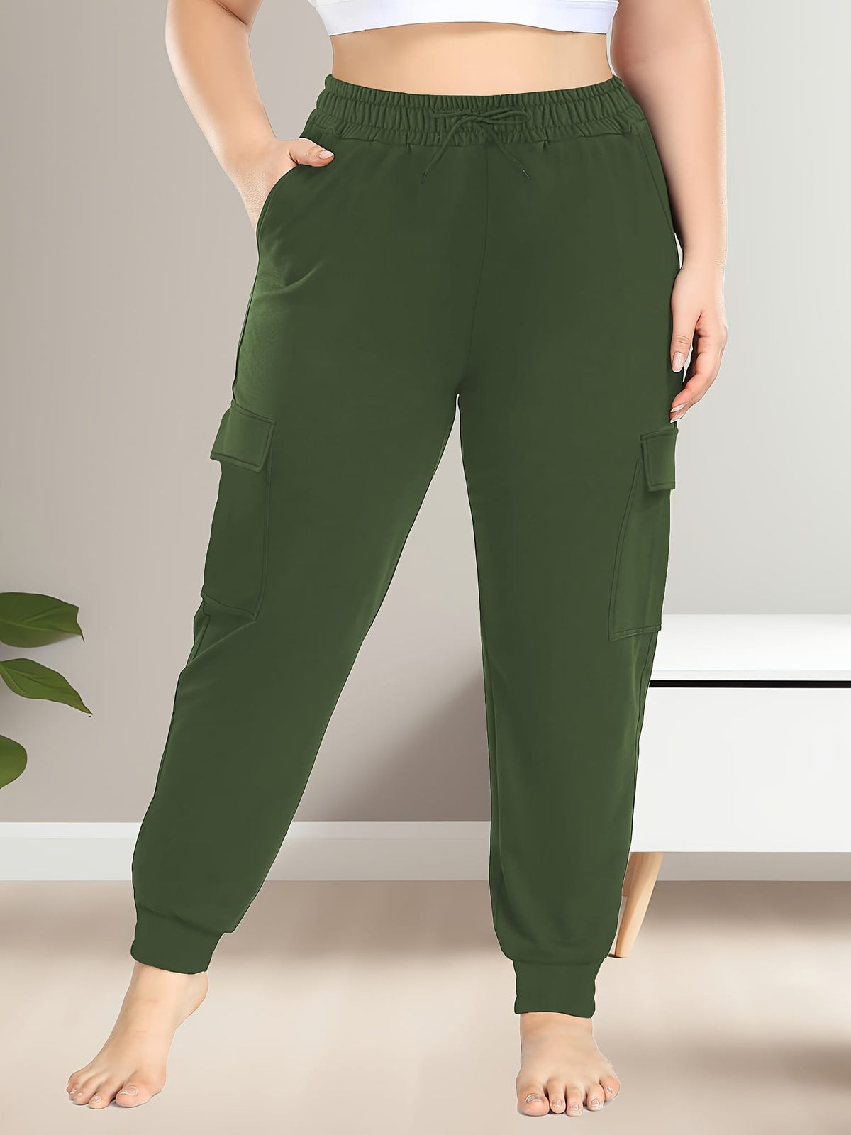 jkthpu-45 [Plus Size Cargo Pants] Stretchy Plus Size High-Waist