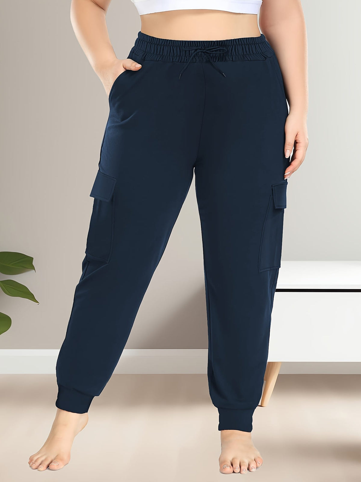 jkthpu-45 [Plus Size Cargo Pants] Stretchy Plus Size High-Waist