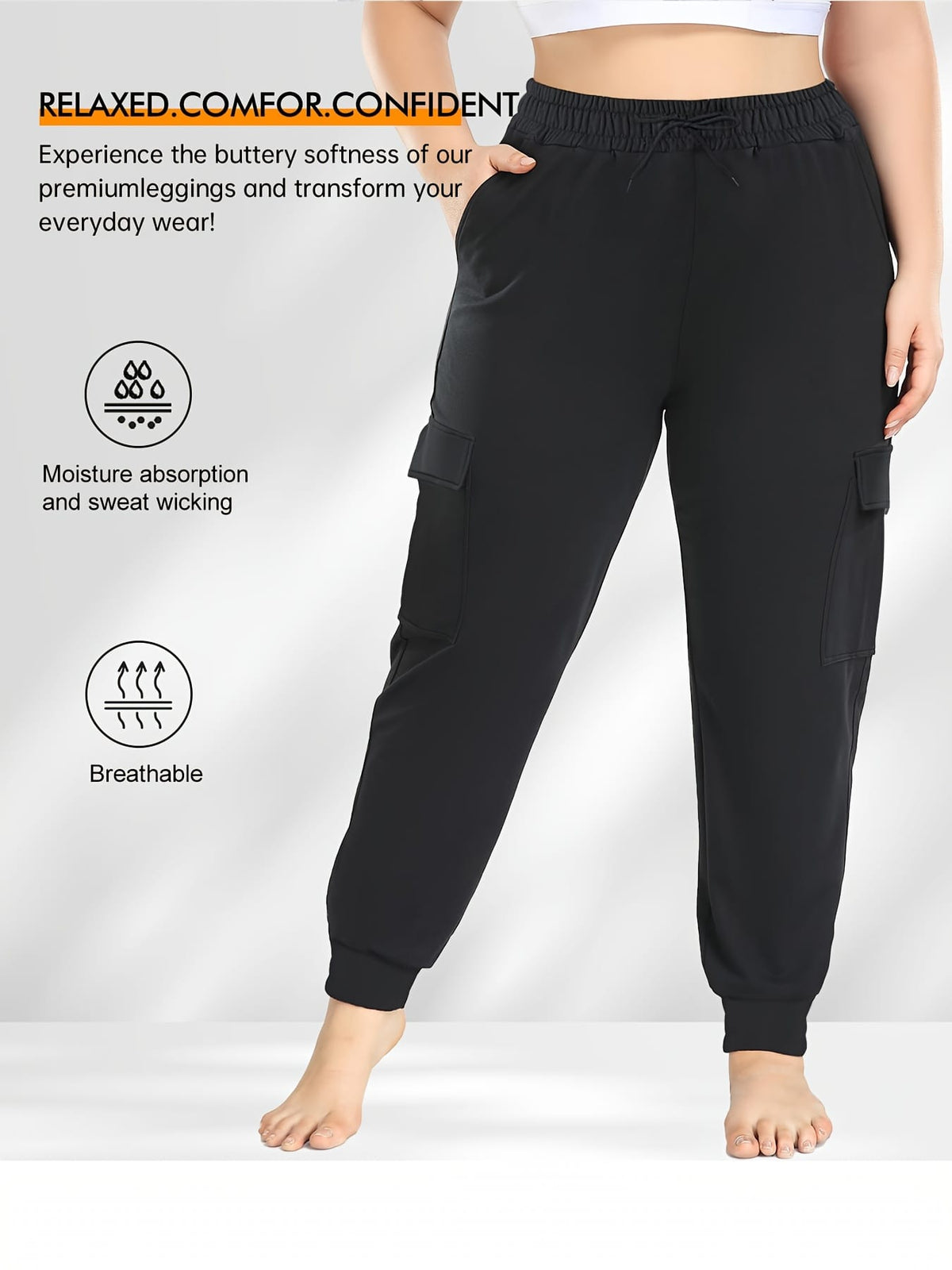 jkthpu-45 [Plus Size Cargo Pants] Stretchy Plus Size High-Waist