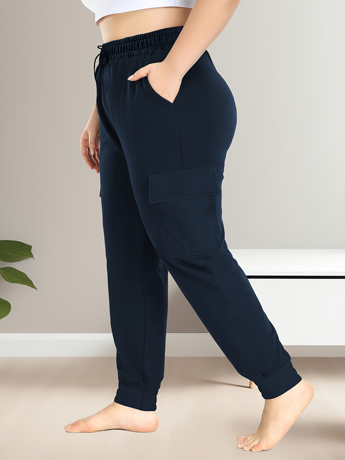 jkthpu-45 [Plus Size Cargo Pants] Stretchy Plus Size High-Waist