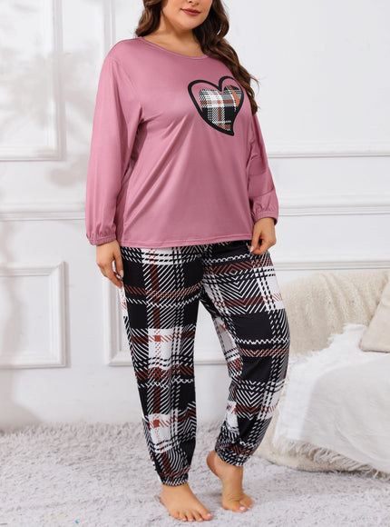 jkthpu-45 Plus Size Casual Pajama Set, Women's Plaid Heart