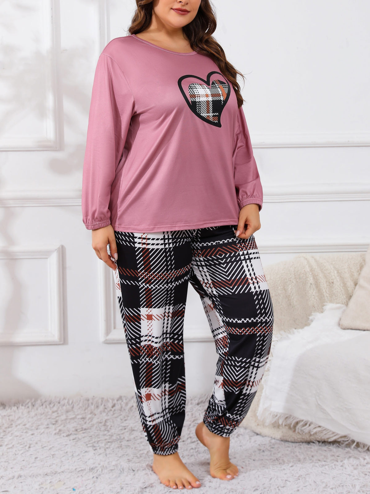 jkthpu-45 Plus Size Casual Pajama Set, Women's Plaid Heart