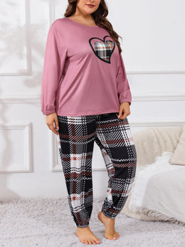 jkthpu-45 Plus Size Casual Pajama Set, Women's Plaid Heart