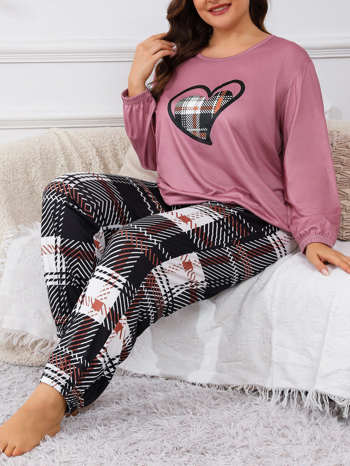 jkthpu-45 Plus Size Casual Pajama Set, Women's Plaid Heart