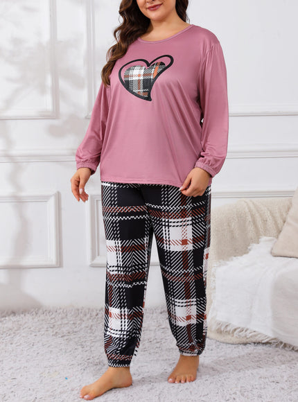 jkthpu-45 Plus Size Casual Pajama Set, Women's Plaid Heart