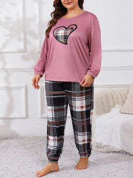 jkthpu-45 Plus Size Casual Pajama Set, Women's Plaid Heart