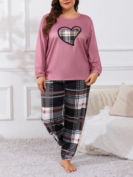 jkthpu-45 Plus Size Casual Pajama Set, Women's Plaid Heart