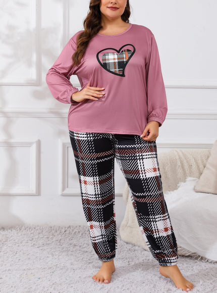 jkthpu-45 Plus Size Casual Pajama Set, Women's Plaid Heart
