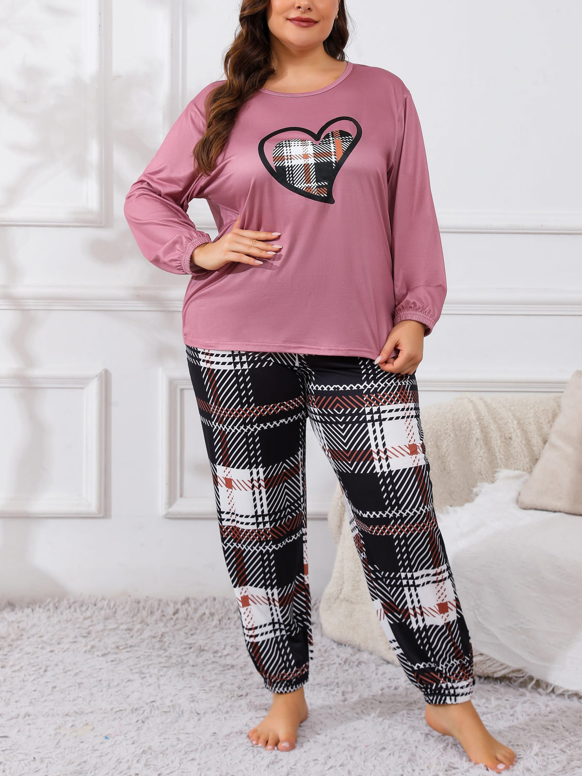 jkthpu-45 Plus Size Casual Pajama Set, Women's Plaid Heart