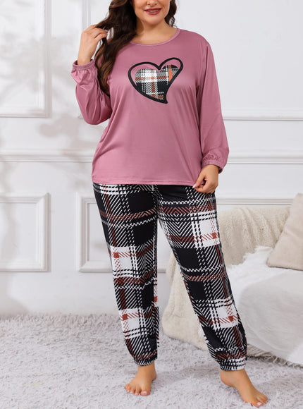 jkthpu-45 Plus Size Casual Pajama Set, Women's Plaid Heart
