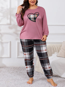 jkthpu-45 Plus Size Casual Pajama Set, Women's Plaid Heart