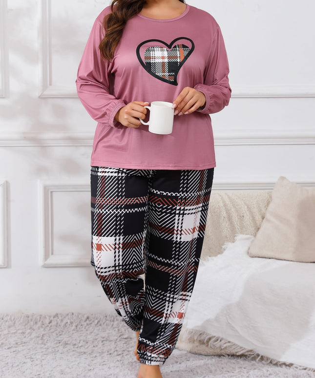 jkthpu-45 Plus Size Casual Pajama Set, Women's Plaid Heart