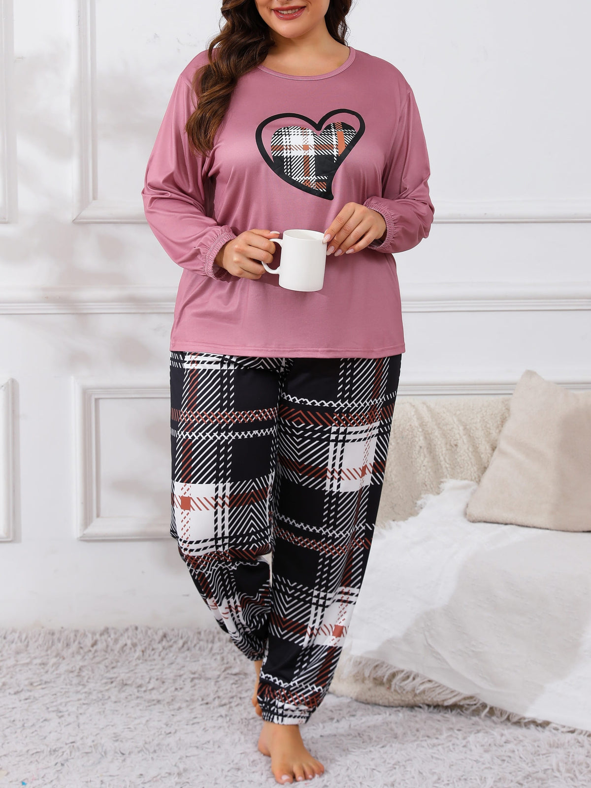jkthpu-45 Plus Size Casual Pajama Set, Women's Plaid Heart
