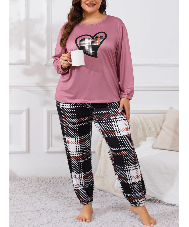 jkthpu-45 Plus Size Casual Pajama Set, Women's Plaid Heart