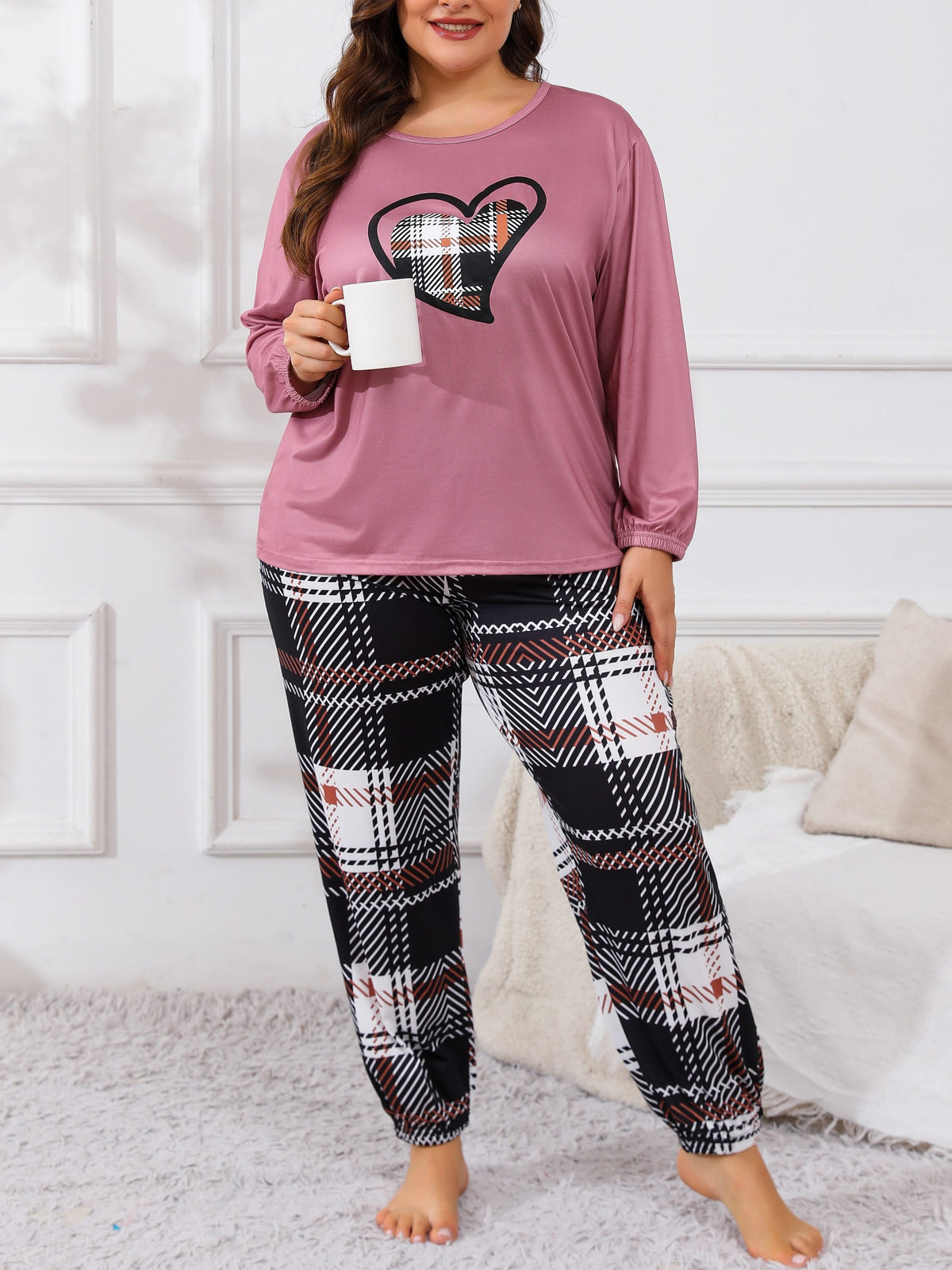 jkthpu-45 Plus Size Casual Pajama Set, Women's Plaid Heart