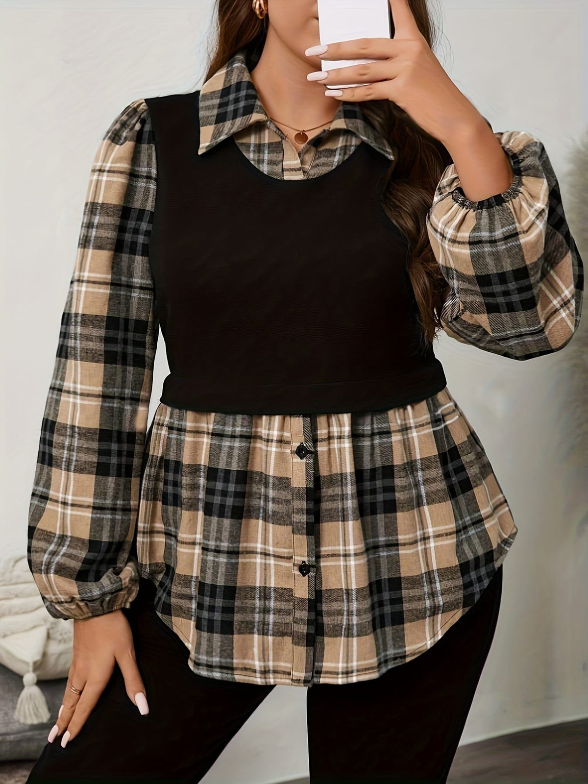 KissICON Plus Size Casual Plaid Button-Up Shirt - Color Block Lattice Sleeve Design, 100% Polyester, Machine Washable, Loose Fit for Fall/Winter