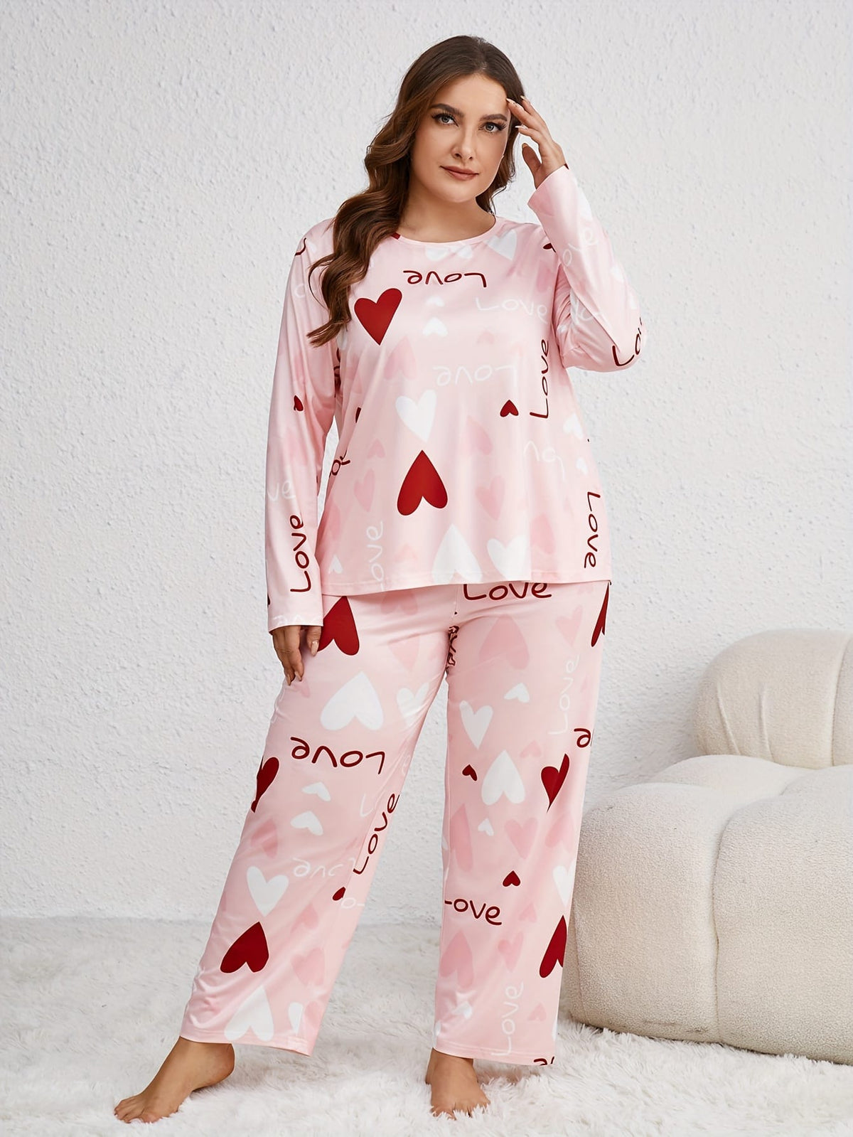 jkthpu-45 Plus Size Casual Polyester Long Sleeve Pajama Set