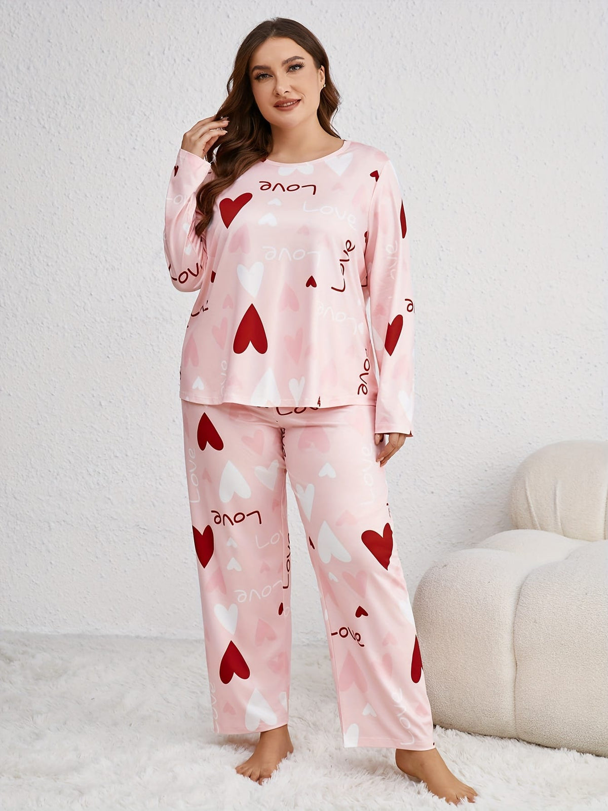 jkthpu-45 Plus Size Casual Polyester Long Sleeve Pajama Set