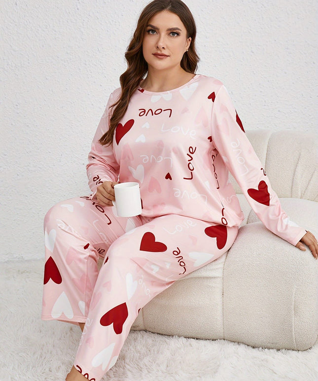jkthpu-45 Plus Size Casual Polyester Long Sleeve Pajama Set