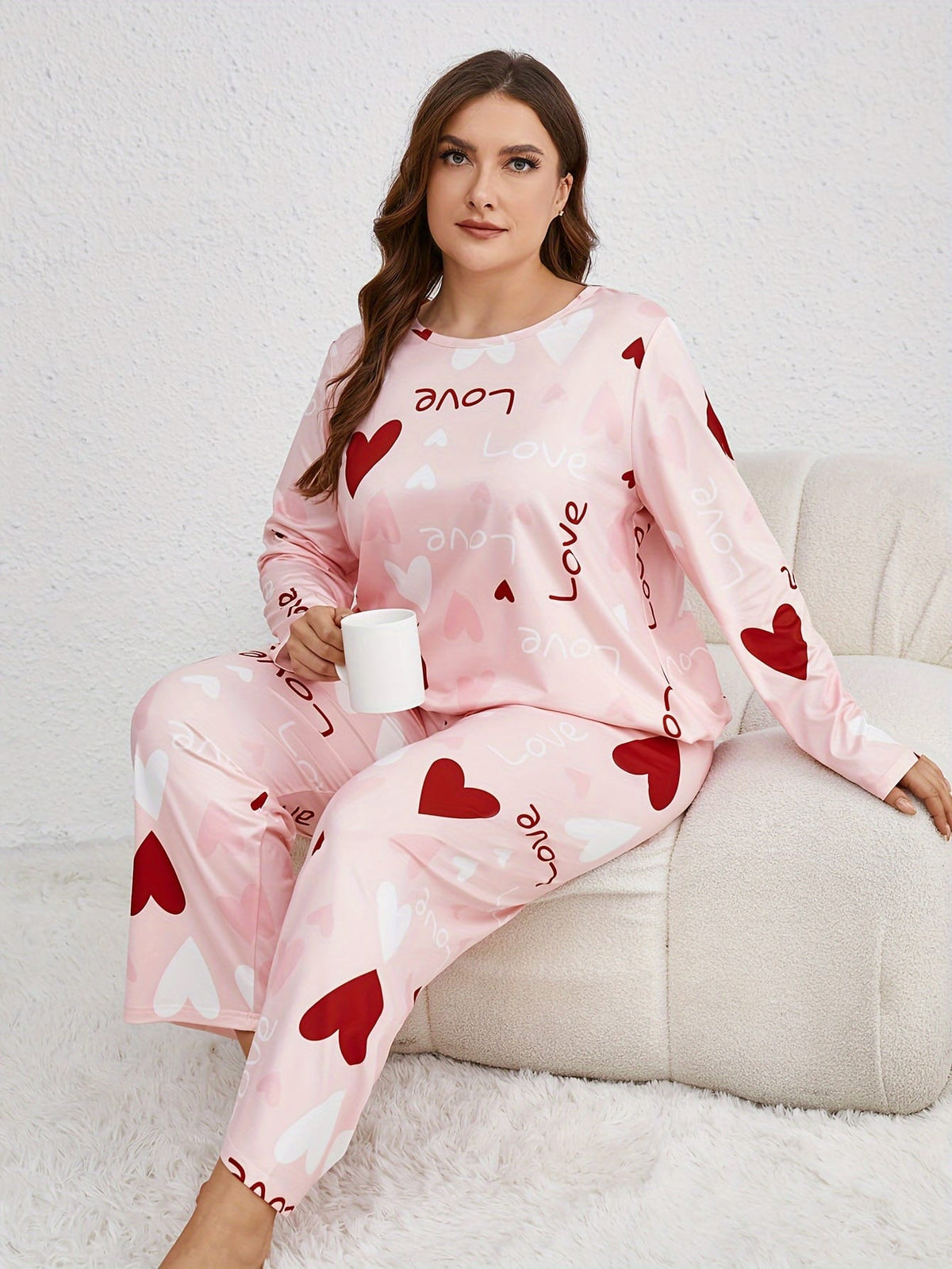 jkthpu-45 Plus Size Casual Polyester Long Sleeve Pajama Set