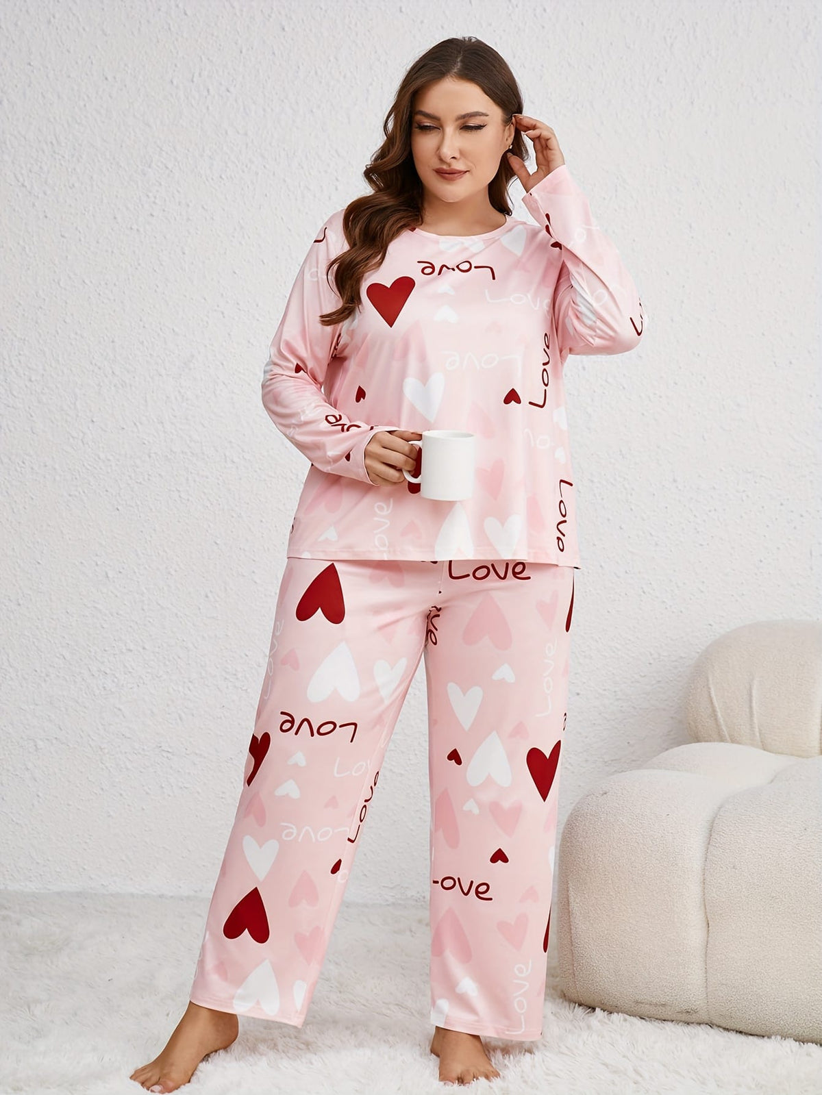 jkthpu-45 Plus Size Casual Polyester Long Sleeve Pajama Set