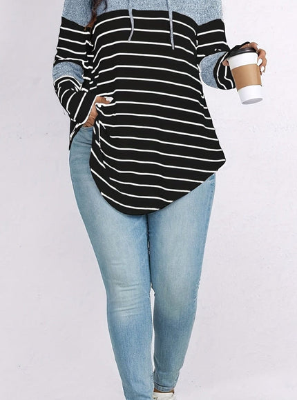 jkthpu-45 Plus Size Casual Striped Hooded Sweatshirt Relaxed Fit