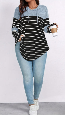 jkthpu-45 Plus Size Casual Striped Hooded Sweatshirt Relaxed Fit