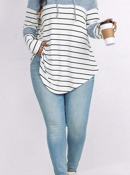 jkthpu-45 Plus Size Casual Striped Hooded Sweatshirt Relaxed Fit