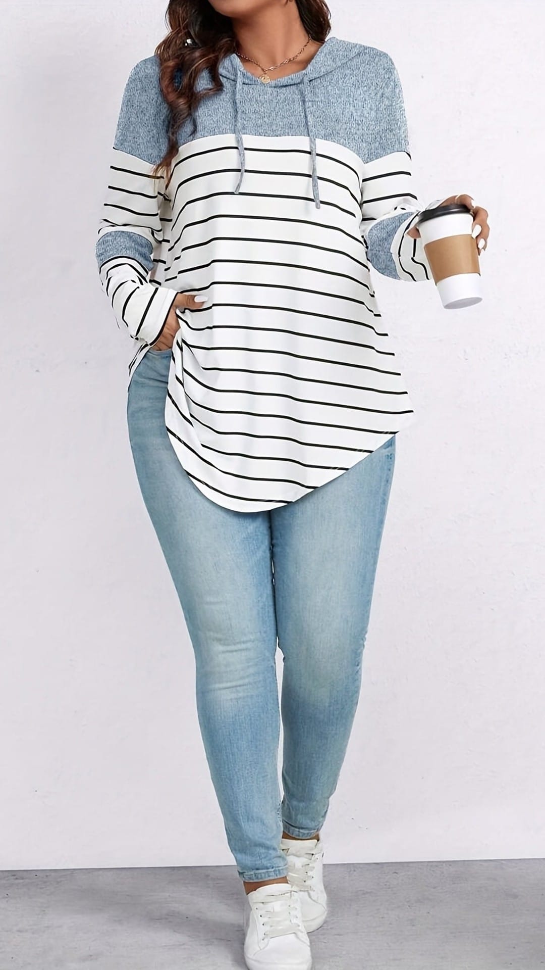jkthpu-45 Plus Size Casual Striped Hooded Sweatshirt Relaxed Fit