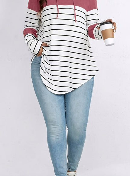 jkthpu-45 Plus Size Casual Striped Hooded Sweatshirt Relaxed Fit