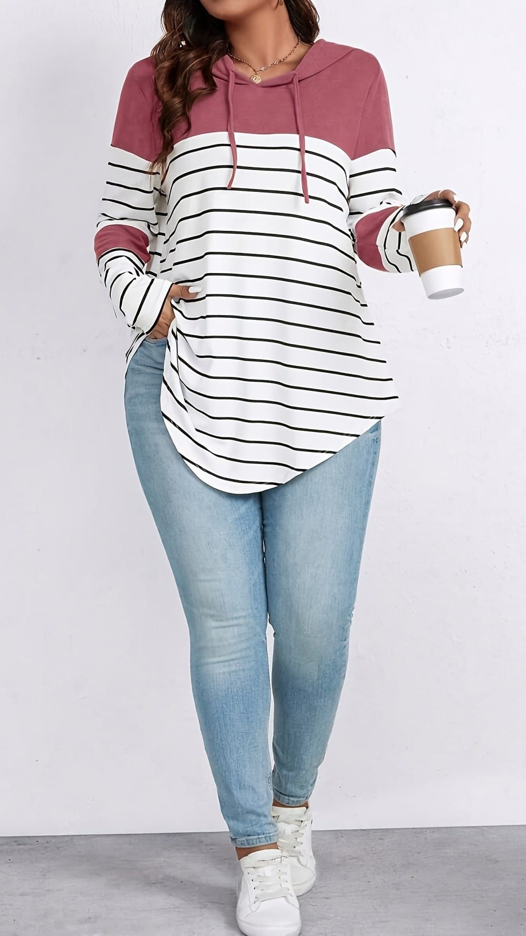jkthpu-45 Plus Size Casual Striped Hooded Sweatshirt Relaxed Fit