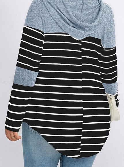 jkthpu-45 Plus Size Casual Striped Hooded Sweatshirt Relaxed Fit